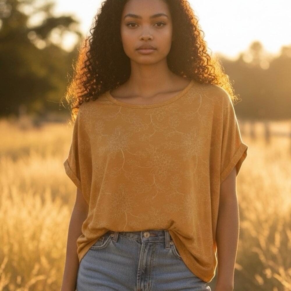 Buffalo David Bitton Mustard Yellow Floral Short Sleeve Viscose Stretch Top M